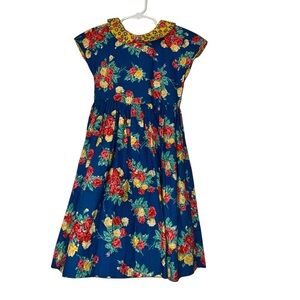 Vintage Mousefeathers Blue Floral Collared Ruffle Back Dress Sz 6x